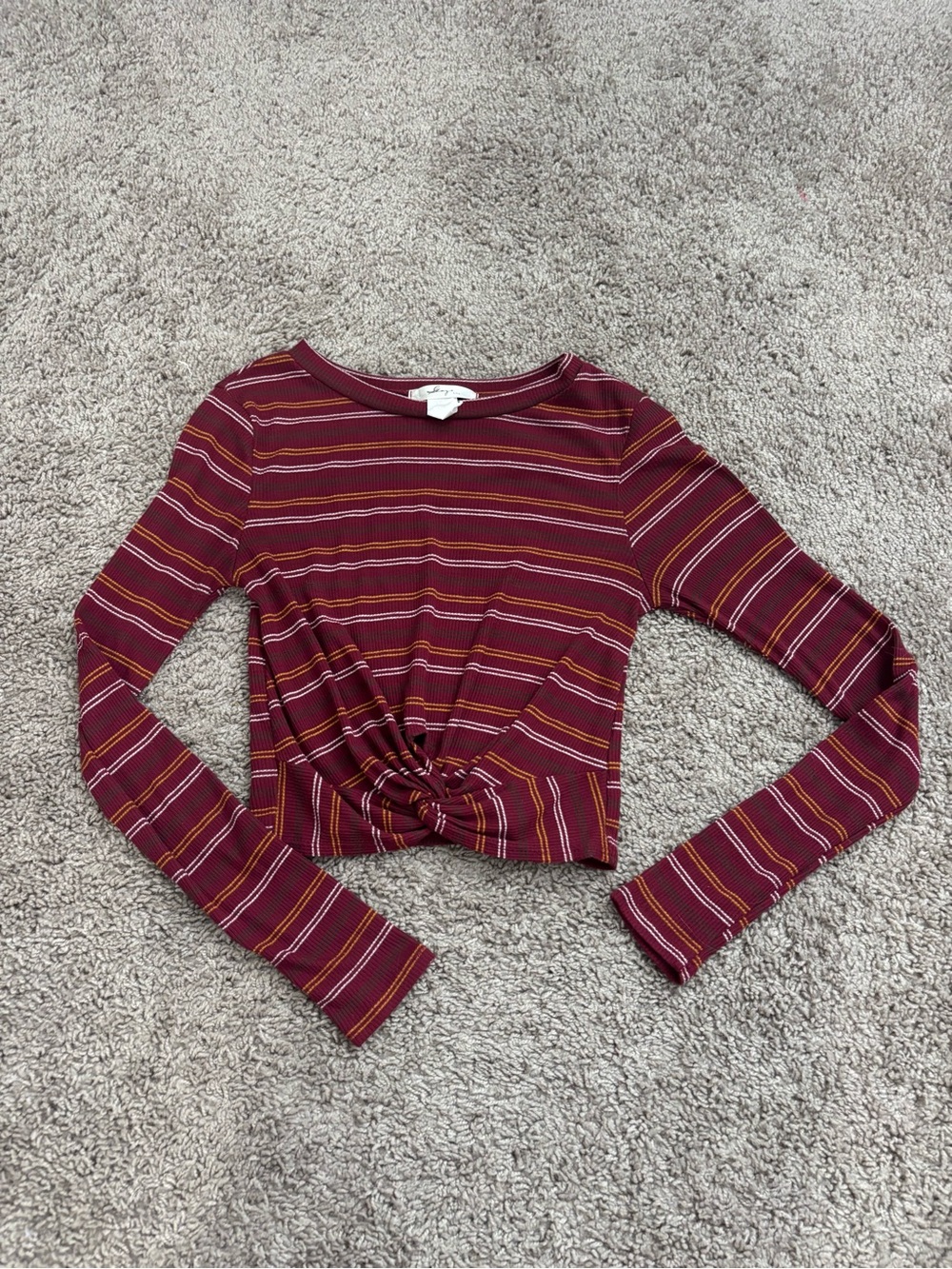 🌸 4 for $10 🌸 Knot-Front Long Sleeve Crop Top - Burgundy Stripe